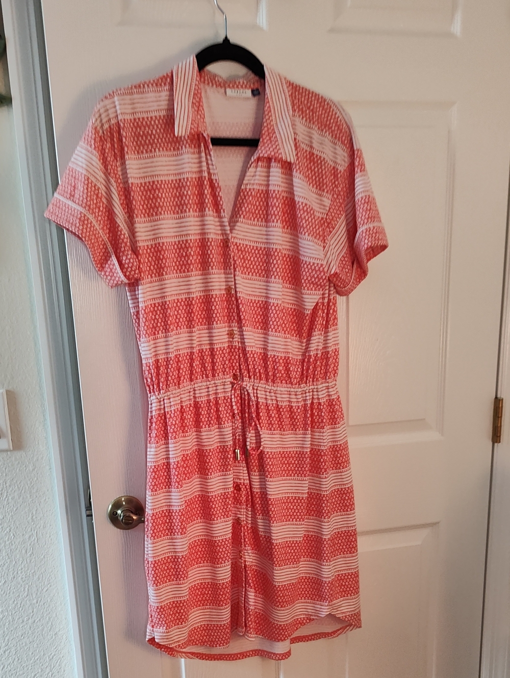 Cabana Life Coral and White Striped Midi Shirt Dress